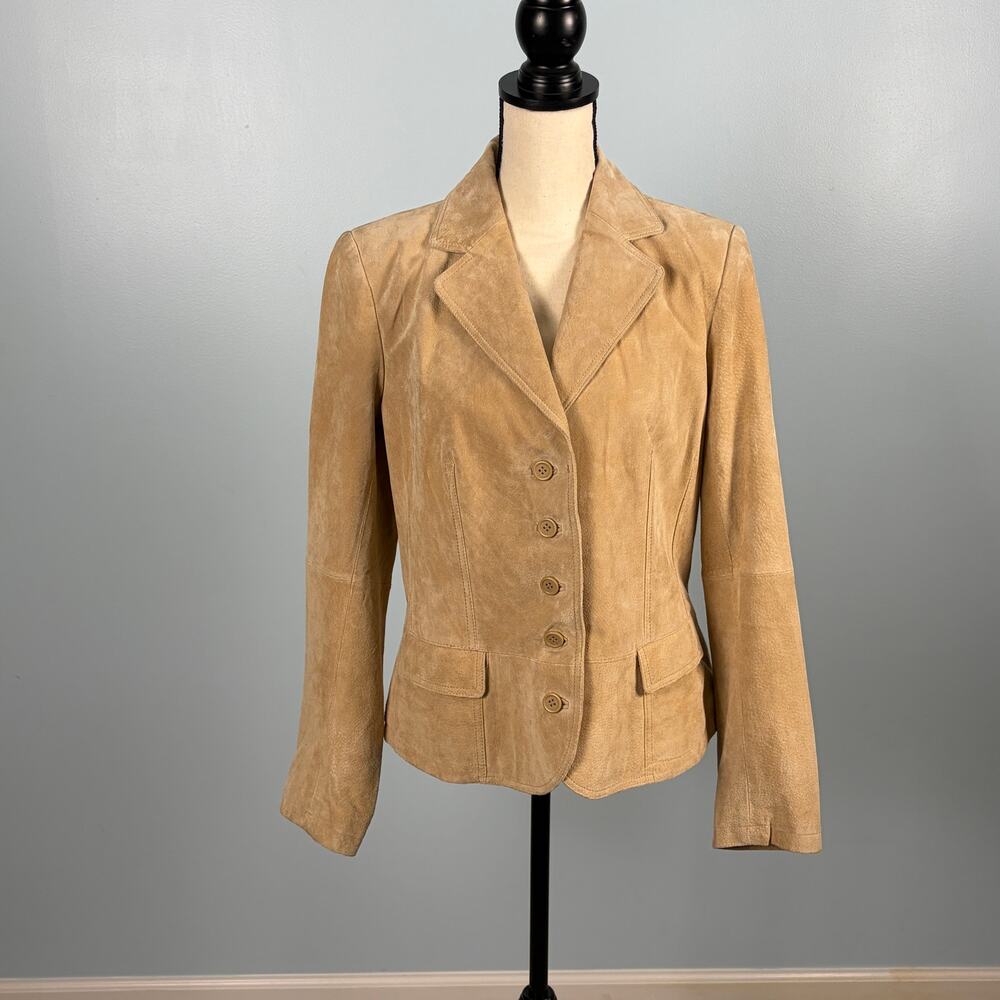 Suede Leather Blazer Jacket Camel Tan Womens L Button Front St Johns Bay